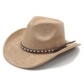 Classic wide brim suede cowboy hat in khaki with braided leather decorative band - M(56-58cm) / Camel (Suede)