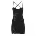 Mini abito nero sexy senza schienale con ricami floreali 3D e spalline incrociate - S / Nero