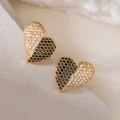 18K gold plated heart stud earrings featuring contrasting black and white zircon stones - Gold with Black and White Zirconia