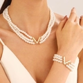 French vintage multi-layer pearl necklace and bracelet set with golden V-shaped clasp - V-shape Metal Buckle Artificial Pearl Necklace + Bracelet Set / KC Gold (5224+747)