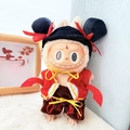 Labubu doll in traditional Chinese red vest and flame pattern pants with head bow - Embroidered Bun Nezha Set / First And Second Generation Keychains Are Compatible With La Cloth Dolls. Dolls Not Included.