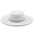 White flat top wool fedora hat with silver sequin band and metal logo on white background - M(56-58cm) / White