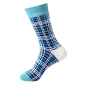 Retro blue and white plaid cotton mid-calf socks with vintage checkered pattern style - 1089-Blue White Green Plaid
