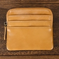 Vintage camel crazy horse leather coin purse with three card slots and zipper closure - Oil Leather Tan