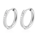 Elegant silver stainless steel hoop earrings with sparkling diamonds and polished finish - Round Zirconia Style / Steel Color (MS-517)