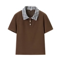 Close-up of polo shirt collar with plaid pattern and white flower-shaped buttons - S / Coffee Top