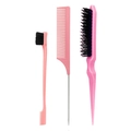 Pink 3pcs hair styling set with edge control brush, rat tail comb and teasing brush - Fine-tooth Pink No.1
