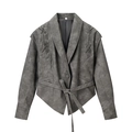 Chaqueta vintage de piel sintética gris oscuro con cordones en hombros y cinturón - S / Gris
