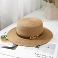 Boater straw hat with deep brown leather band and gold buckle on magazine background - Circumference 55-57cm (Adjustable) / Khaki (80461# Leather Buckle)