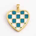 Blue and white checkerboard heart pendant with gold plating and enamel finish - ABG0614-Turquoise Checkerboard (Heart)