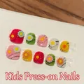 Handmade 3D daisy flower press-on toenails for girls with colorful stripes and floral art - Extra Small (XS)