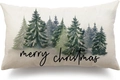 Linen lumbar pillow cover with watercolor pine trees and Merry Christmas script - Christmas Tree 3 (Single-sided)