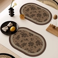 Brown oval placemat set with vintage rose pattern and waterproof leather texture - Oval / 1 Piece / French Vintage Style-A