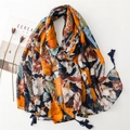 Tropical floral scarf with pineapples and blue tassels on a minimalist white background - 180*88cm / Yellow + Navy Blue