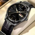 Men's business quartz watch featuring black dial, gold markers, and black leather strap - Black Dial Black Leather Strap