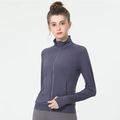Slim fit gray-purple yoga jacket with stand collar and thumb holes for women - Code Blue