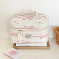 Borsa da trucco trapuntata con fiocchi rosa e doppia cerniera per cosmetici - Borsa per cosmetici con fiocco a righe orizzontali rosa