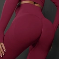 Bourgondische naadloze yoga legging met hoge taille en top met lange mouwen sportset - S / Bordeauxrood