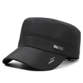 Men's black flat top military cap with silver sports badge and breathable synthetic fabric - Adjustable / Black