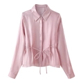 Pink satin long sleeve blouse featuring a lapel collar and drawstring waist detail - XS / Pink