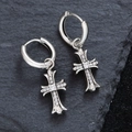 Silver gothic cross hoop earrings with sparkling zircon stones on natural stone background - EH0096-Gothic Zirconia Cross