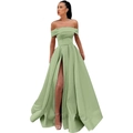 Elegant sage green off-the-shoulder satin maxi dress with a thigh-high side slit - US size 14 / Top And Bottom / Light Green