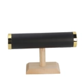 Close-up of a single-tier T-bar jewelry stand with black leather and wood base - Black Leather