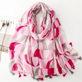Elegant geometric print women's scarf with pink semi-circles and fringe detailing - Rose Pink Grey Geometric Semicircle (SL2405-006)