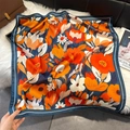 Elegant floral square silk scarf with bold orange and yellow blossoms on deep blue base - 70*70cm / Sea Blue Bohemian