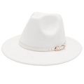 Close-up of white wool felt fedora featuring a thin leather band with a gold metal buckle - M (56-58cm) / White (White Belt)