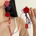 French style long tassel earrings with red double happiness character and blue beads - Red Blue Contrast Double Happiness Studs / Red Blue