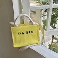 Gelbe Strohtasche mit Paris-Stickerei und verstellbarem langem Schultergurt für Damen - Klein Gelb