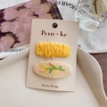Pair of yellow pleated fabric hair clips and beige oval floral embroidery BB hair pins - Beige