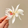 Elegant white mesh orchid hair clip with realistic pink centers and brown spots - White Cymbidium