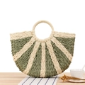 Sac demi-lune tressé main en paille crème et vert olive avec poignée ronde intégrée - Rayures Vert Armée