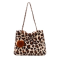 Chic leopard print faux fur tote bag with metal chain strap and decorative pompom charm - Khaki