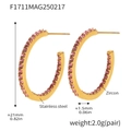 Golden stainless steel C-shaped hoop earrings with inlaid pink zircon stones - Style B-21mm / Gold Pink Zirconia