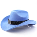 Detail of light blue suede cowboy hat featuring a silver bull head buckle and star studs - M (56-58cm) / Deep Sky Blue