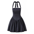 Elegante mini abito nero allacciato al collo con fiocco e orlo a sbuffo stile retrò - S / Blu navy