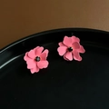 Pink matte flower stud earrings with black gemstone center in high quality metal - No.24 Matte Pink Layered Flower (SSS0173)
