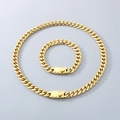 Set catena cubana in acciaio inossidabile dorato con fibbia quadrata testurizzata - Stile A Oro (Catena Lucida a Maglie Rotonde) / Bracciale 21cm