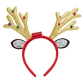 Close-up of glowing Christmas reindeer headband with colorful bells and LED wire - Medium Gold Reindeer Antler Headband