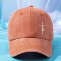 Detail of Faith embroidery and white cross on orange washed cotton baseball cap - One Size / Orange
