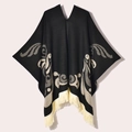 Women's vintage black poncho with beige abstract jacquard patterns and fringe trim details - 130x150cm / Pullover Colorful Bird Black