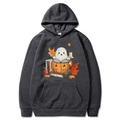 Dark grey Halloween hoodie featuring cartoon ghost in a pumpkin cup and autumn maple leaves - Dark Gray