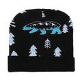 Black knit beanie with blue and white polar bear and pine tree pattern design - Black Polar Bear Pattern (L)