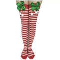 Christmas over-knee stockings with red white stripes, green bow and white pom-poms - Red White Striped Socks with Green Bow Pompom