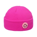 Rose red ribbed knit beanie with black smile patch for winter warmth and street style - M(56-58cm) / Rose Red