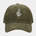 Close-up of white skeleton hand embroidery on green corduroy baseball cap texture - Adjustable / Army Green