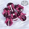 Set of 6 luxury 8cm dark purple velvet Christmas balls with rhinestones and ribbon bows - Set of 6 / Burgundy